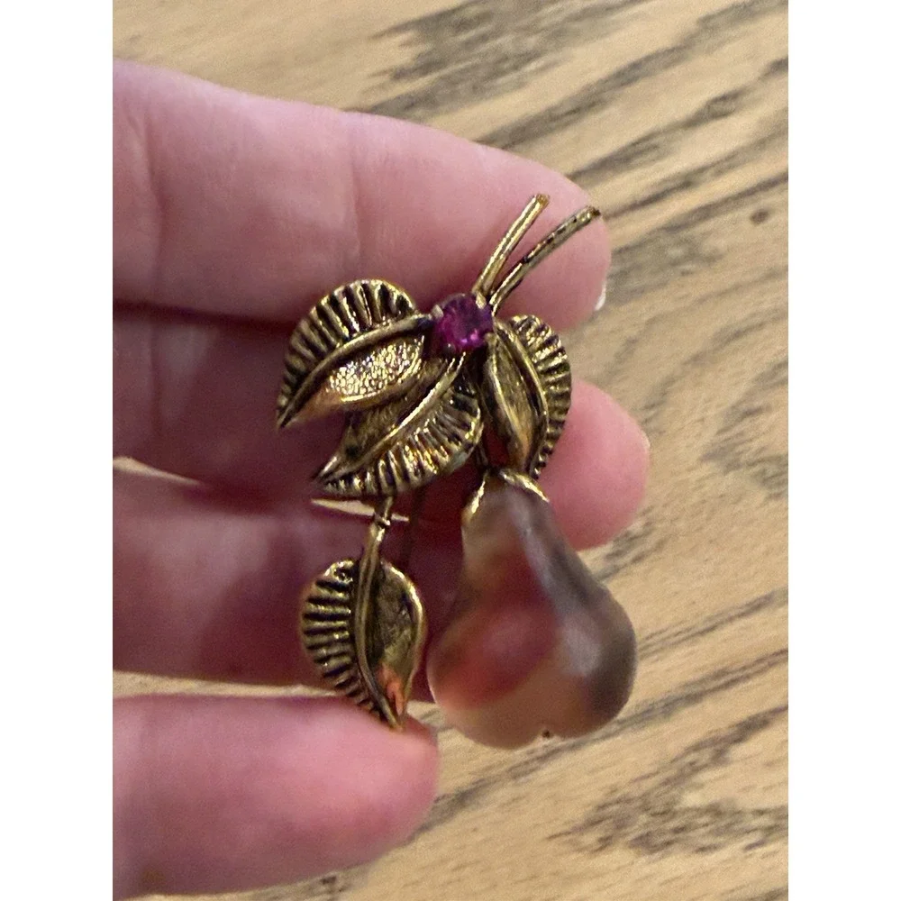 Vintage Lucite Brooch Austria Pink Crystal Figural Pear Fruit Gold Tone  1950s